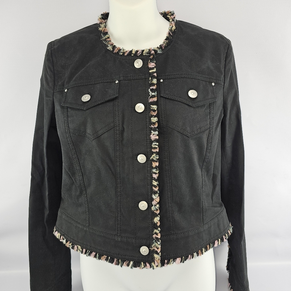 Alain Manoukian Black Cotton Fringe Trim Crew Neck Jacket Size 12